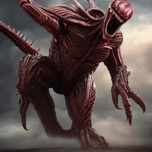 hybrid kaiju between alien xenomorph of ridley Scott and iron man