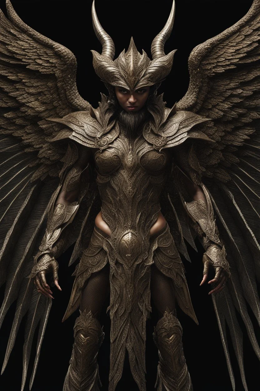 Facing front Monster Demon Wings Full body front glistening oiled shiny, intricate, Exquisite details and textures, highly detailed,photography, sharp focus, tribal background,photography 8k