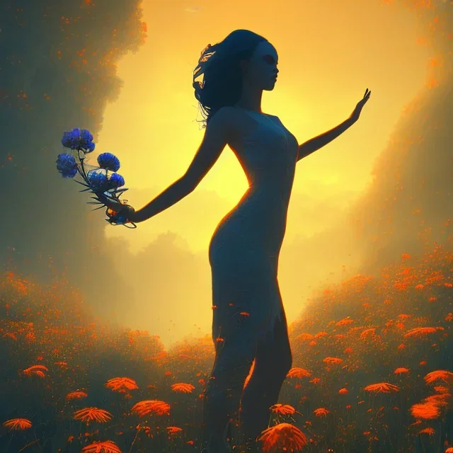 silhouette, monde en fleurs, concept art, crépuscule , bleu oranger