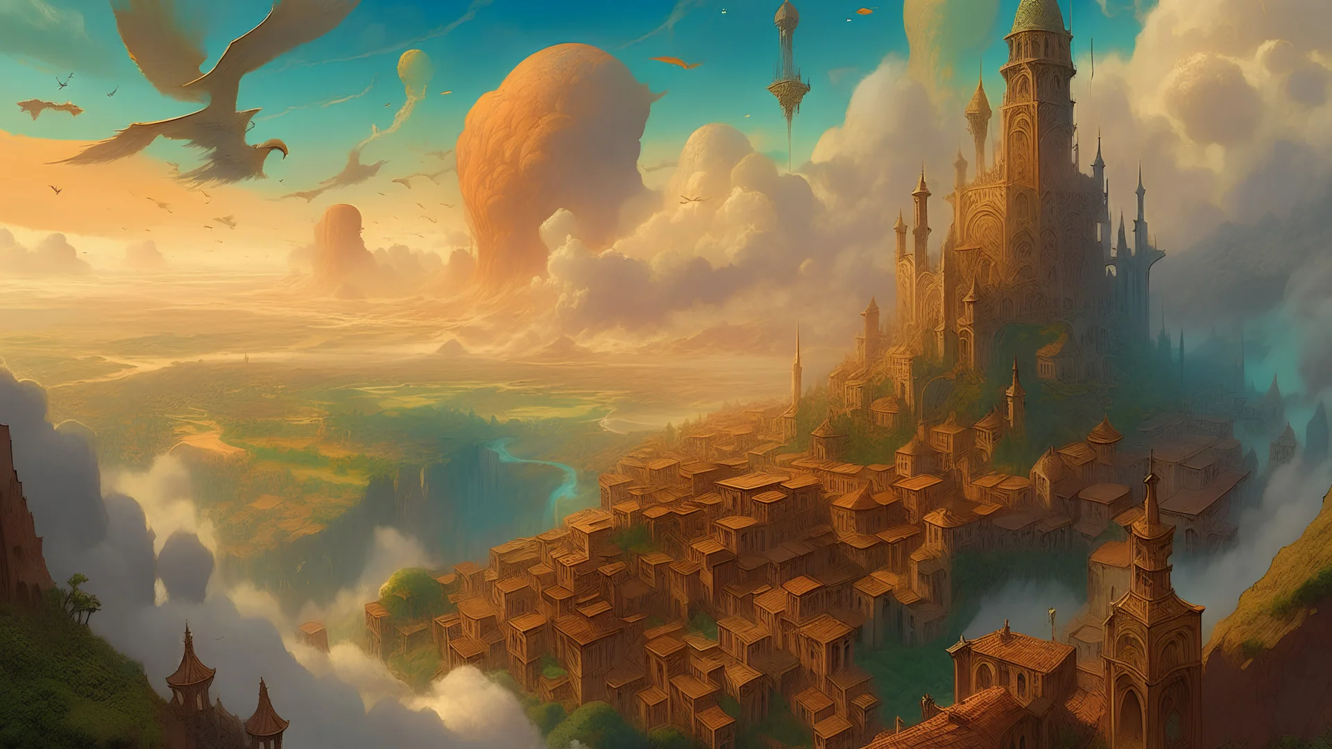 post - minimalism portrait of a magical city bird's eye view, golden clouds, elvish wizards doing spells, vibrant color scheme, highly detailed, in the style of romanticism, cinematic, artstation, moebius, greg rutkowski