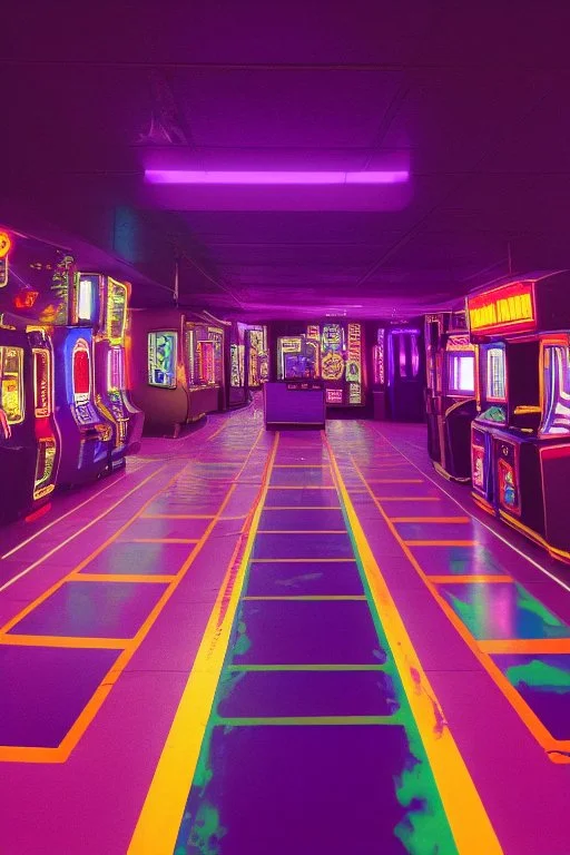 A dark photo an 80's aesthetics arcade at night, with a lot of functioning arcade machines, a vaporwave floor and some colorful tiles in between the floor. Dark Purple Themed, purple aesthetics.