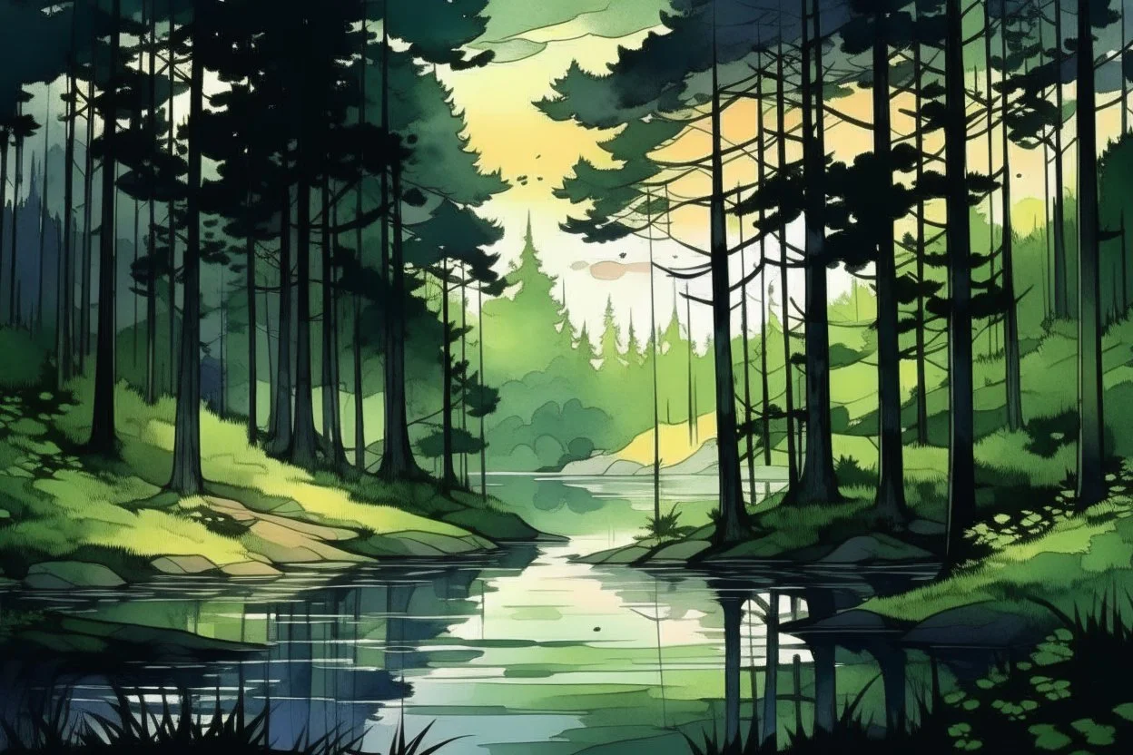 retro anime style, full color, dark serious 1980s anime style, A lake in the forest, watercolor, forest