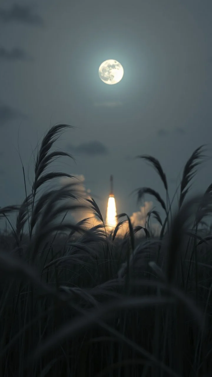 Windblown grass with winds with clouds and moon in the background, high quality picture 8k, beautiful cinematic lighting and all gray colors , a rocket in background