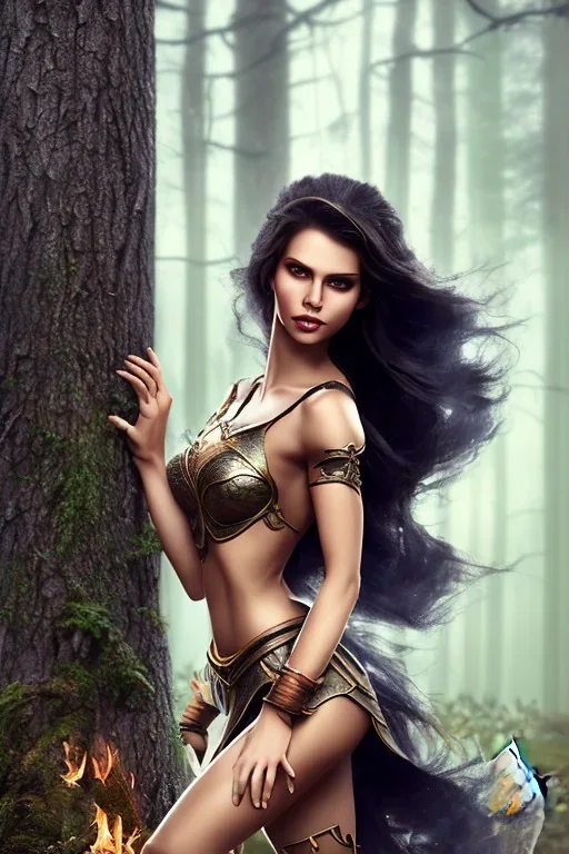 beautiful girl, bodybuild, kräftig, black long gewelltes hair, krone, smile, warrior princess, im wald, night, sehr große oberweite, corsage, lagerfeuer, fantasy art