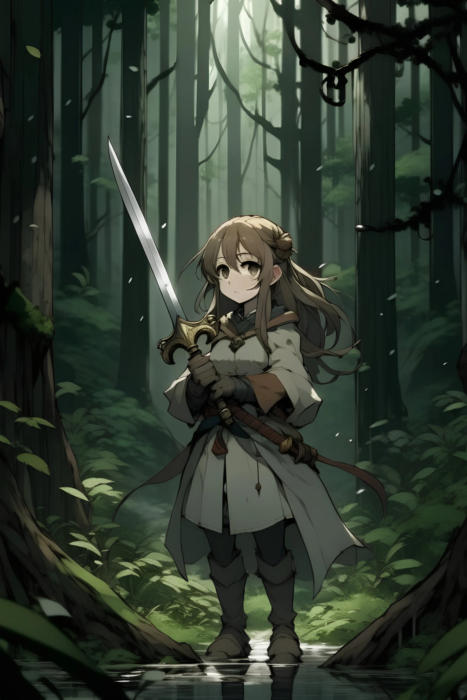 Eris Greyrat from mushoku tensei, holding a sword in a rainy forest
