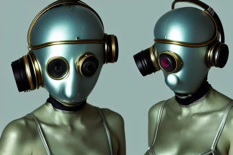 Golden to cyan surfaces body, latex. Tendril-mask-Synthesizer-proboscis. Lightly armored bodies. Metallic headphones and speakers. Hot Russian military girl. Old-fashioned cameras integrated to heads. Suture eyes. Strange Steam-punk Silver tumbler hands! Dystopia perfect body. Mind-download from 1960's computer. Partly symmetrical in relation to the computer. Perfect golden ratio in all directions. Space-corruption. Steam-machines-tubes. Oppressive atmosphere. Thick Mind-upload-cable. Propaganda