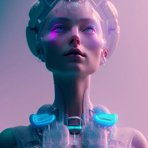 A detailed portrait of a crystalised robotic women, atmospheric, realistic, unreal engine, cinematic lighting, octane render, transoarent, pink turquoise light