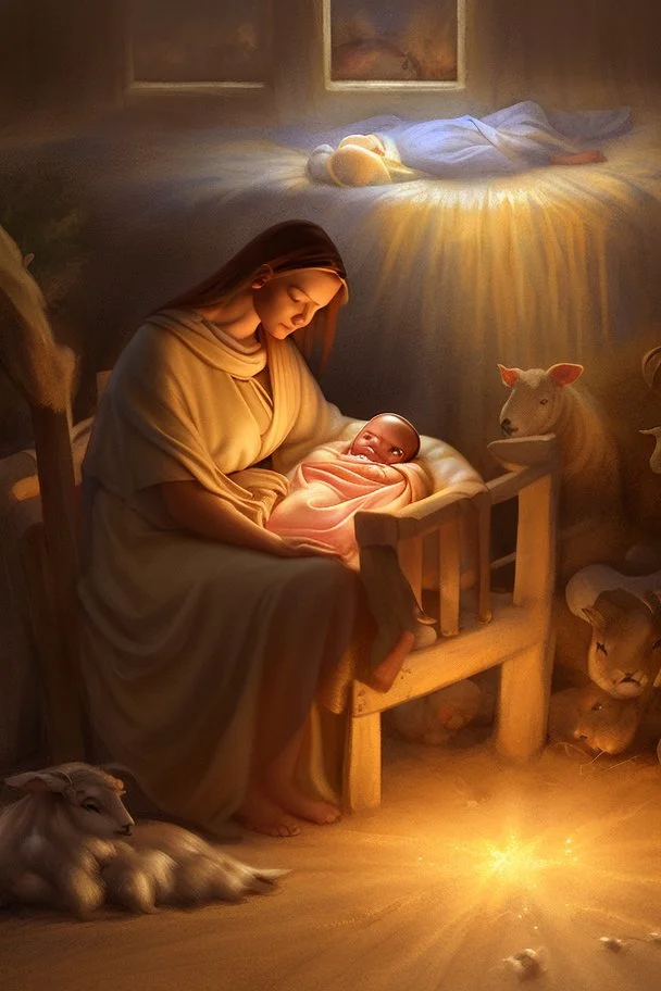 It's night, it's dark and only the nursery is illuminated by a star from heaven. The Christ child is in a manger on straw, lying in swaddling clothes. Mary and Joseph were bending over him. Around the pets are mostly sheep, everything is painted in watercolor in high quality in 8k