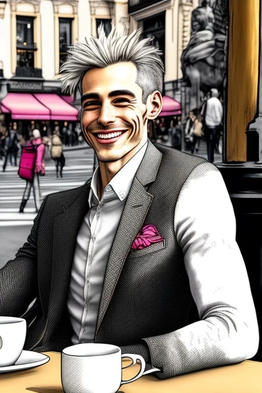 One single mature rich cockatoo with expensive clothes, sitting in a café on the street, Vienna, laughing, colour, model style, hyper realistic, extremely accurate, delicate, extremely detailed, Graphic novel style, wide-angle, open aperture, superfine pencil