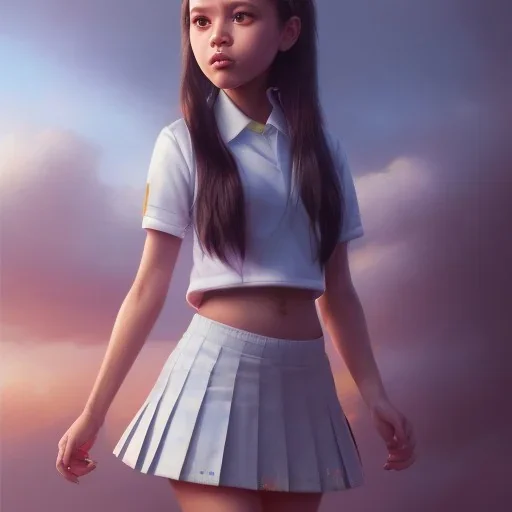 Jenna ortega with school uniform, seifuku, pleated miniskirt, overknee socks, painted by artgerm and tom bagshaw, fantasy art, dramatic lighting, highly detailed oil painting, volumetric lighting