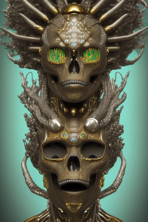 black male African alien, cracks in the voodoo head, wicked, diamond eyes, crown, blood, 8k, finely detailed, photo realistic, leopard style turquoise skull head gold dragon space alien rain skeleton gold teeth silver crown silver space suit spaceships