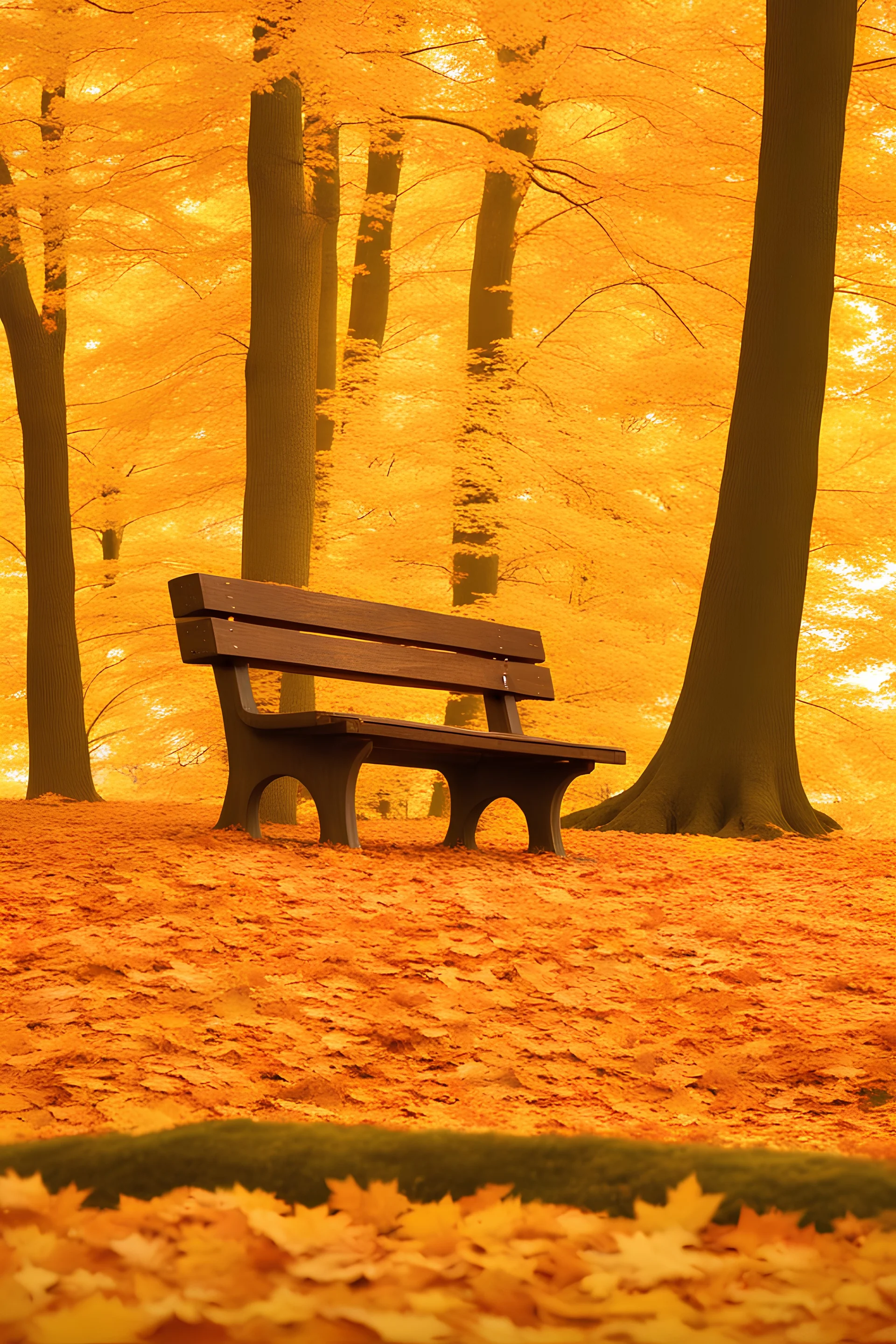 a park bench sitting in the middle of a forest, autumn forest, autumn leaves on the ground, autumn background, golden leaves, golden autumn, leafs falling, falling leaves, autumn leaves background, autumn leaves falling, autumn maples, breath-taking beautiful trees, breath - taking beautiful trees, autumn leaves, autumn tranquility, colorful autumn trees, autum, leaves falling