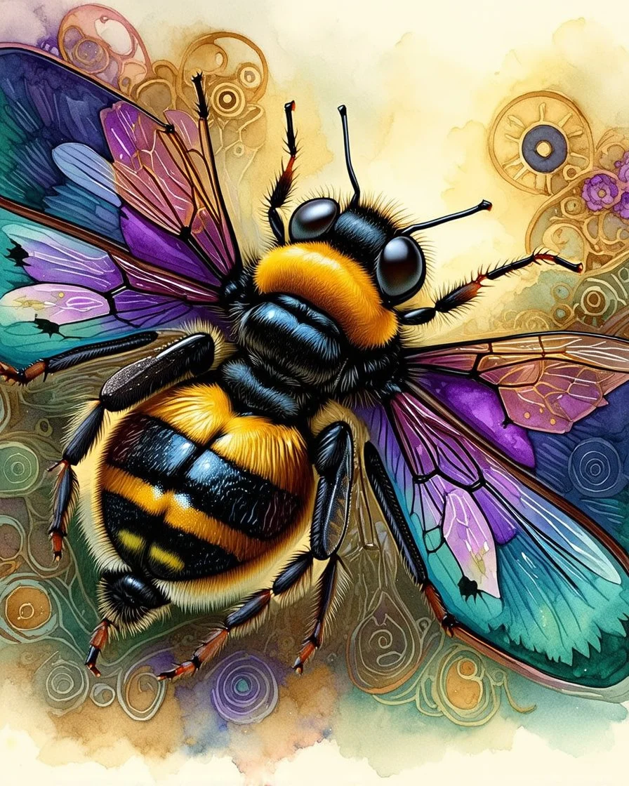 Fantasy Art Nouveau Watercolor close up macro of a bumblebee. bright vivid pretty colours. some purples. steampunk