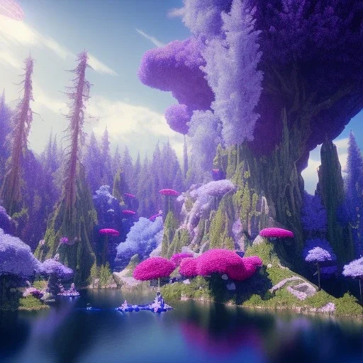 Spaceship landed on lake, sunny day. clear sky, cascade, blue trees, flowers. Elegant. Extremely detailed. Award winning photography. Fantasy. 8k. Cinematic lighting. Photorealistic. Dynamic lighting. Imperial colors. Crisp quality. Unreal Engine. Colourful cinematic postprocessing. Pixar. VRay.