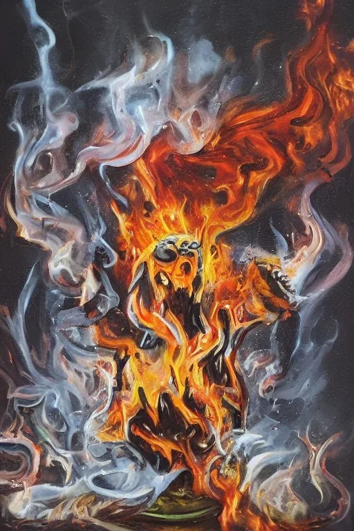 rage demon oil paint flames bones