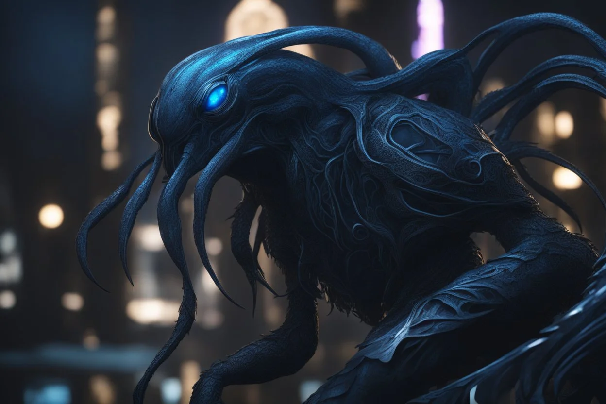 Huge symbiote in 8k nier automata drawing, Cthulhu model, neon blue lights, sea, intricate details, highly detailed, high details, detailed portrait, masterpiece,ultra detailed, ultra quality