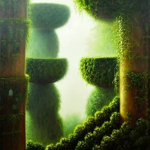 giant hanging gardens of babylon in the shape of a round wedding cake, matte egg tempera painting, thick fog, steamy oppressive heat, dramatic thunderstorm, tornado, mysterious atmosphere, naturalistic, atmospheric, natural blues greens and browns, cool tones