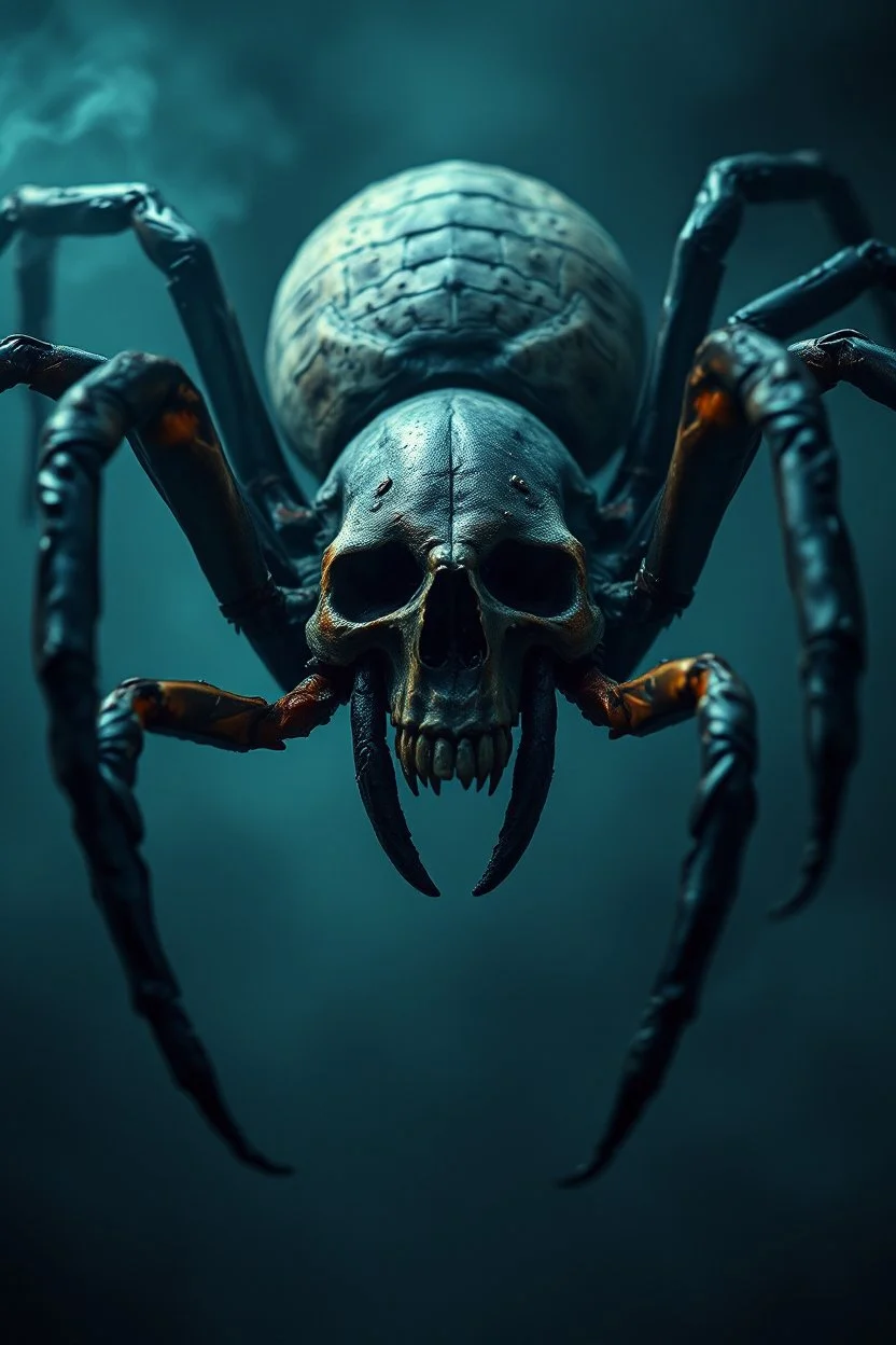 hyper realistic image of the most horrifying, creepiest spider and scorpion and skull ever, with dark fog emanating, epic aesthetic, dark color grading, dark weather aesthetic, full body, extremely terrifying, horror movie inspired, retro camera