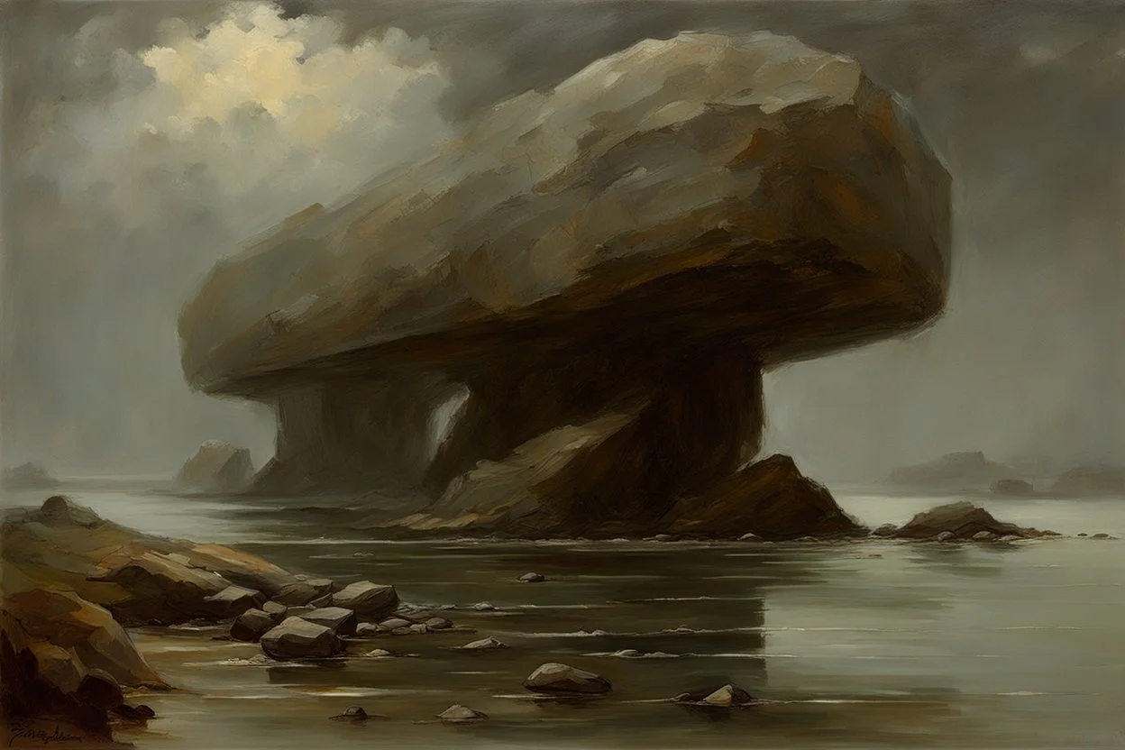 grey sky, rocks, sci-fi, lake, friedrich eckenfelder and henry luyten impressionism paintings