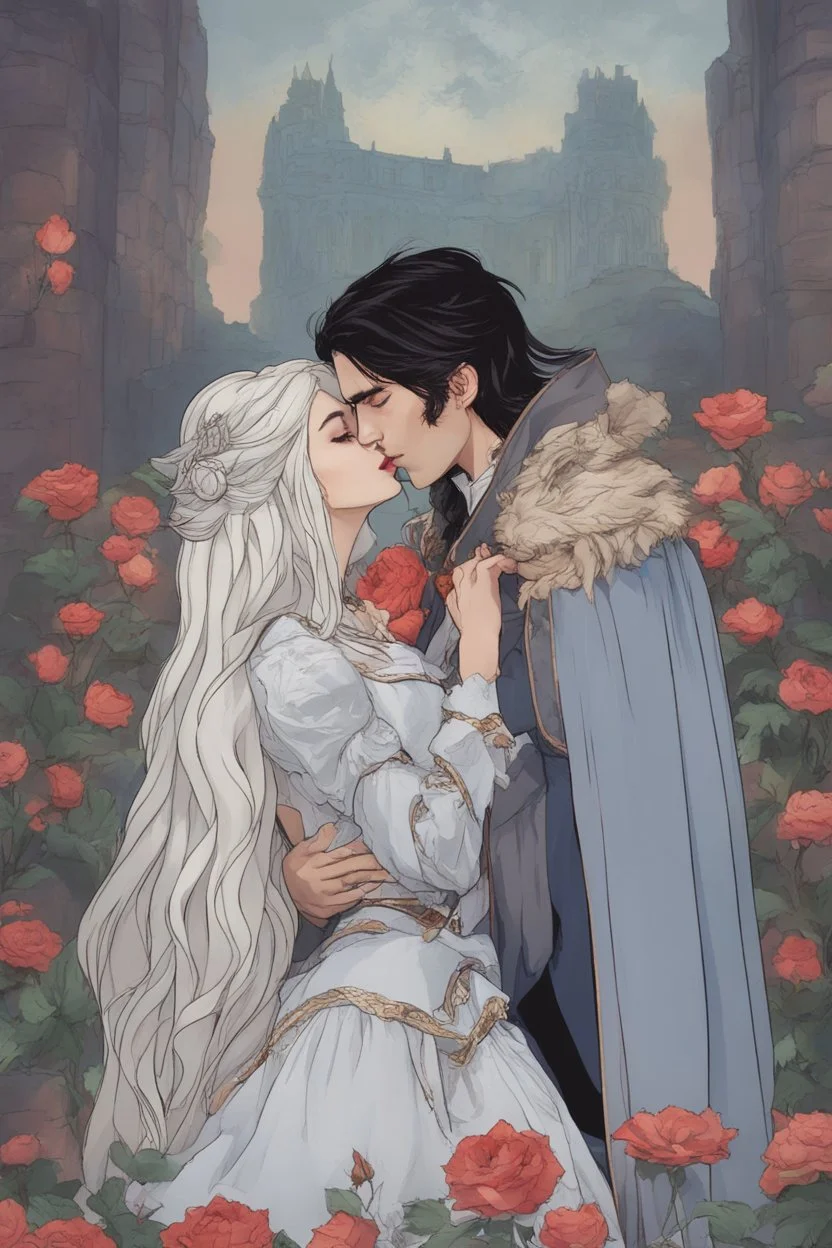 A couple from the dnd game curse of Strahd kissing. She has white hair he has long black hair.