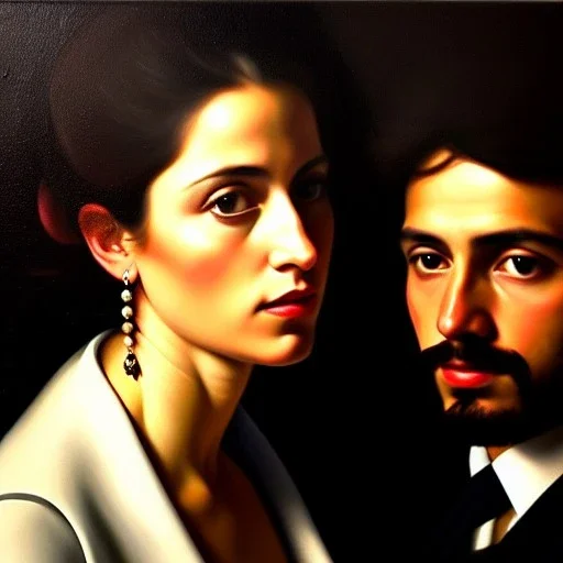 portrait of Jacobo Santiago Mozos born in 1976 and Gemma Arnau Arnau born in 1979,Caravaggio, oil on canvas, cinematic composition, extreme detail,8k,fit full head inside picture,