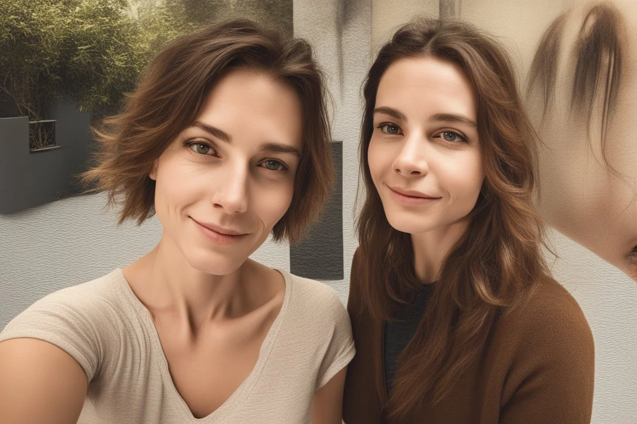 A selfie of a brunette woman, middle short hair, showing a 27-year-old European woman. She has white skin, tousled brown hair, face without makeup, big round dark brown eyes, cute profiled nose, detailed full lips, skin texture. Split screen and show the same face but 10 years older