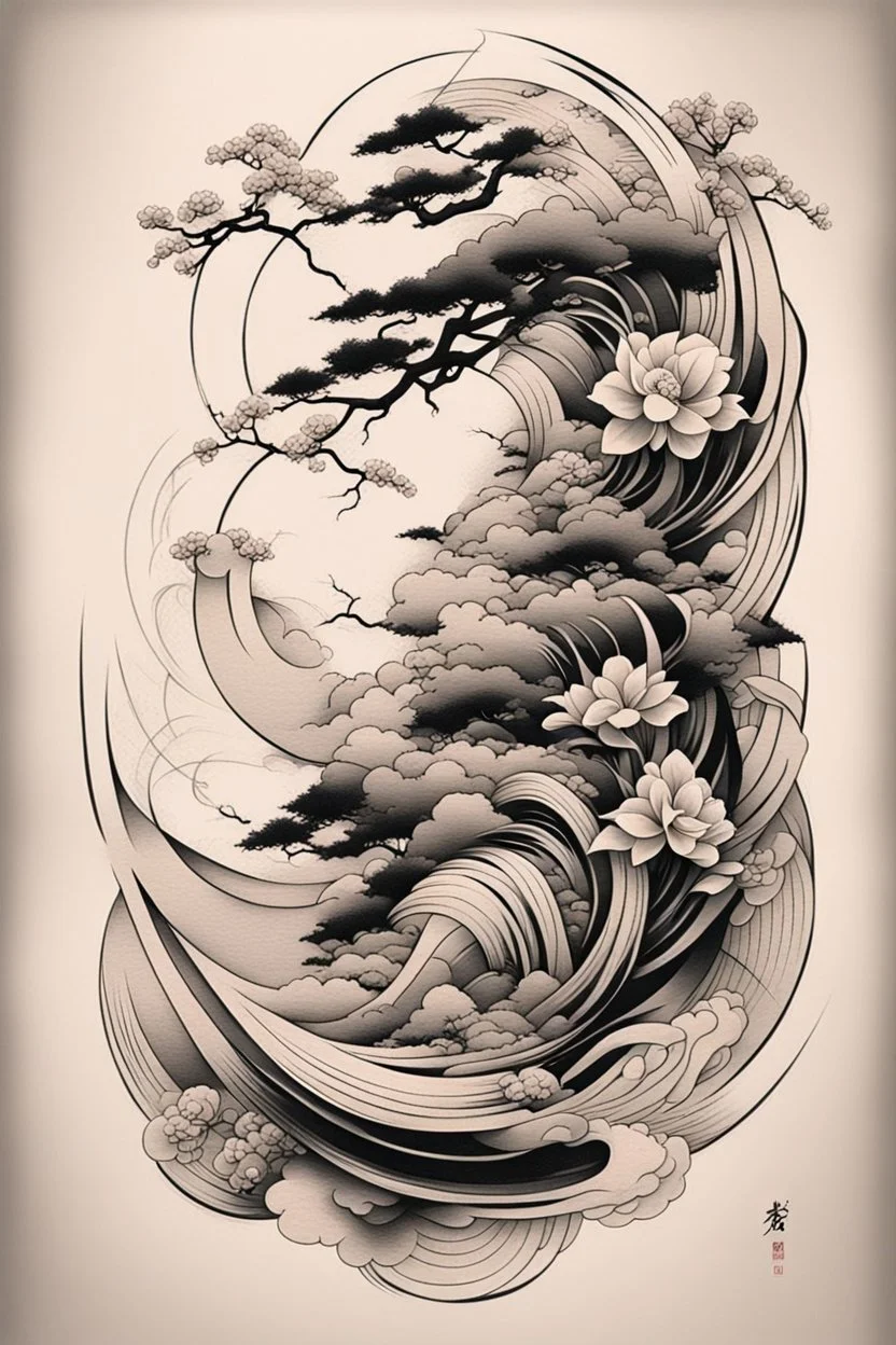 Create a captivating modern 2d Japanese tattoo design for print , using the elegant influences of japan art style, for print, dynamic elements from fashion and design, and bold Japanese art aesthetics, framing centered in the center, distanced from the edges of the paper perimeter, perfect anatomy, bauhaus, Divine Proportion,