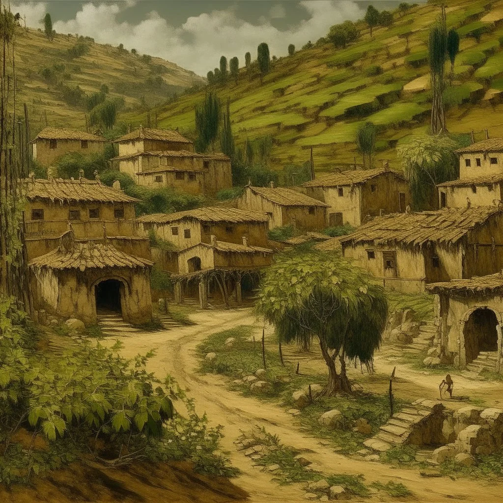 A brown underground mining village covered in vines painted by Karl Wiener