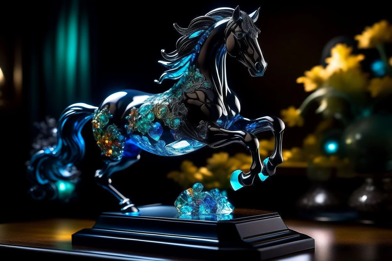 night, dark room, bioluminescent Coloured glass dynamically jumping horse set with gemstones, glittering metal stems and gemstone leaves on a room table sharp focus elegant extremely detailed intricate very attractive beautiful dynamic lighting fantastic view crisp quality exquisite detail gems and jewels S<AI Weight:1 Professional photography, bokeh, natural lighting, canon lens, shot on dslr 64 megapixels sharp focus Weight:0.9