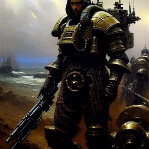 portrait 'Terran Marine Unit-Starcraft' ancient metal armor ,painting by gaston bussiere, greg rutkowski, yoji shinkawa, yoshitaka amano, tsutomu nihei, donato giancola, tim hildebrandt, oil on canvas, cinematic composition, extreme detail,fit full head inside picture,16k