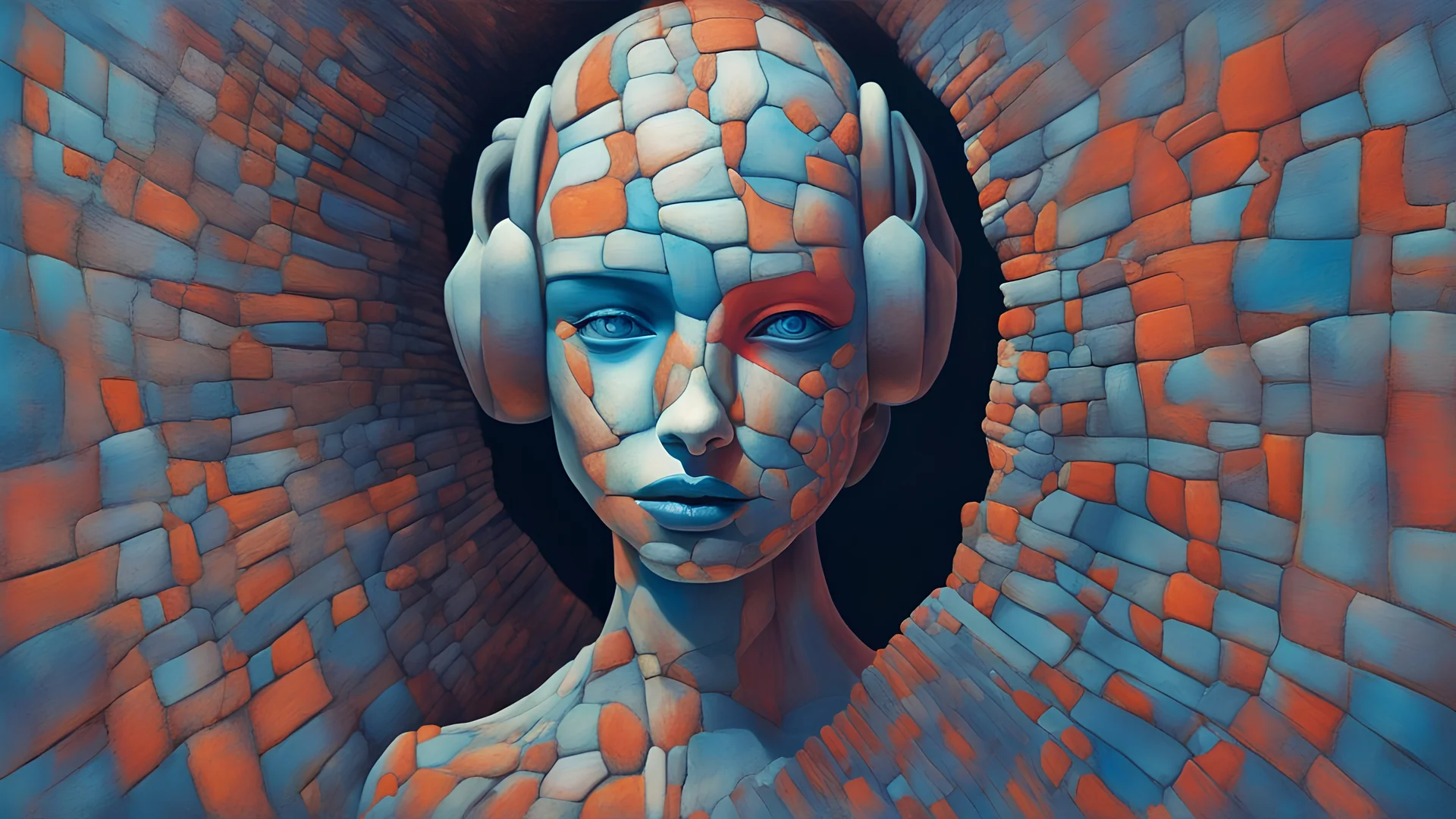 Skin bones stone face, dystopian environment, a forest can be seen through a hole in the side of the head, cracks and peeling in the face, a brain from another time, a portal to the distant future. Deep contrasting vibrant colors. Surrealism and abstraction by Toyen (Marie Čermínová)