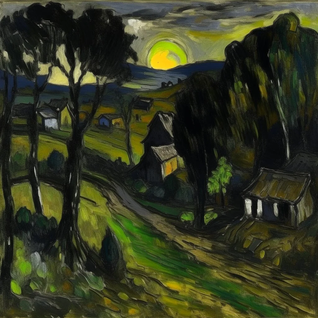 A black village in a shadow realm painted by Claude Monet