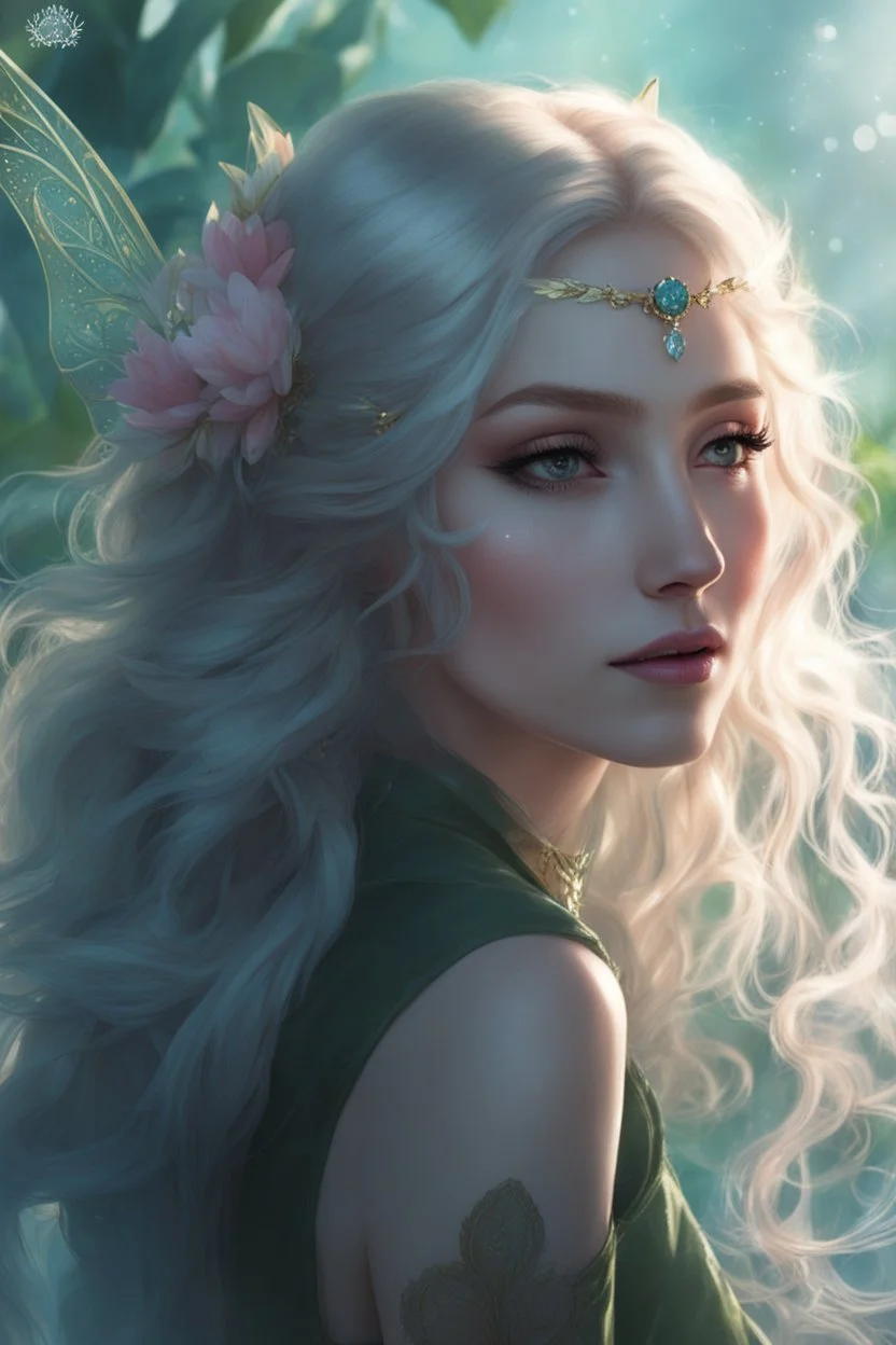 Pink flower crown,Pointed elven ears,Blonde hair ,Pink dress,Sparkling fairy wings,Very long golden hair,Fairy crown,pointed ears,elven ears,fairy wings,water lilies,sparkling,glittering,flowers,blossoms,golden crown,light pink dress