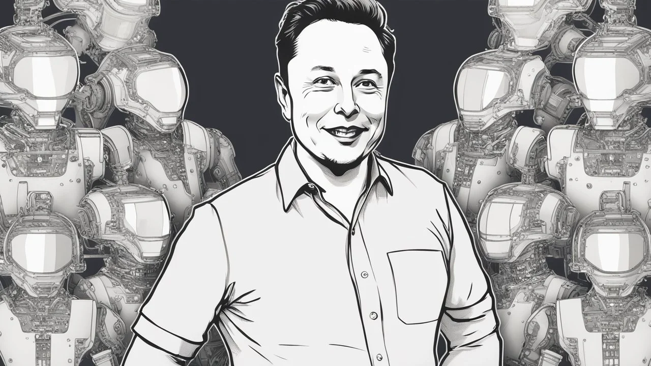 "A captivating image blending the brilliance of tech pioneer Elon Musk with cutting-edge artificial intelligence technologies. Musk is clearly visible, facing the camera with a confident smile that reflects his assurance and enthusiasm. Amidst his face's candid charm, advanced robotic elements are integrated, showcasing the synergy of human ingenuity and AI advancements. This image embodies the perfect balance between humanity and technology, echoing Musk's visionary approach to shaping the futu