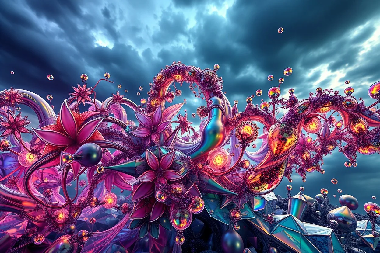 Dynamic complex hypnotic fractal 3D structures horizontal Symmetry twisting and morphing between plants and geometric forms , smooth translucent iridescent glass with inner glow and bubbles, varied transparent materials, stormy skies, intense dramatic