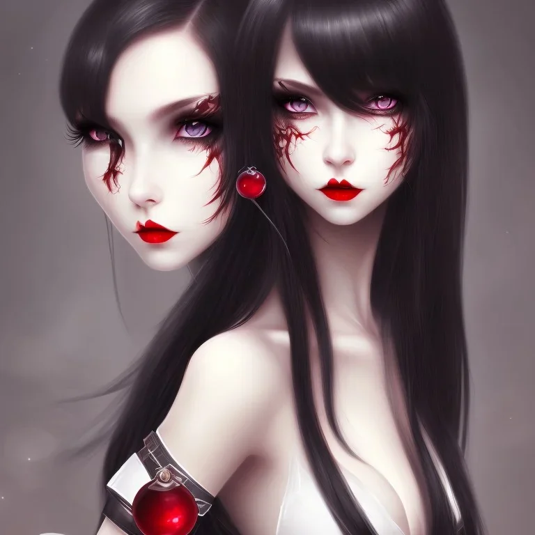 girl, cute, beautiful, white eyes, red lips, black hair with bangs, goth, witch