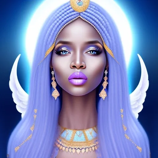 portrait of a beautiful somalian woman with an angel face smiling,long blond hair, blue eyes, pink and blue dress, jewels, soft light aura