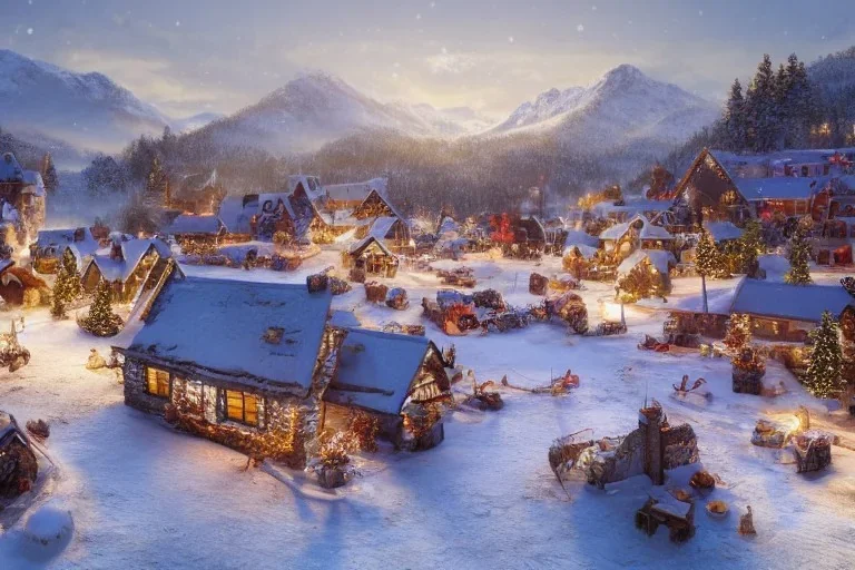 highly detailed small village scene in skelig harbor, sunrise, illustration, background snowy mountains, christmas lights, cinematic lighting, 4k, 8k, octane render, digital concept art, trending on artstation, pinterest, extremely detailed, ambient lighting.