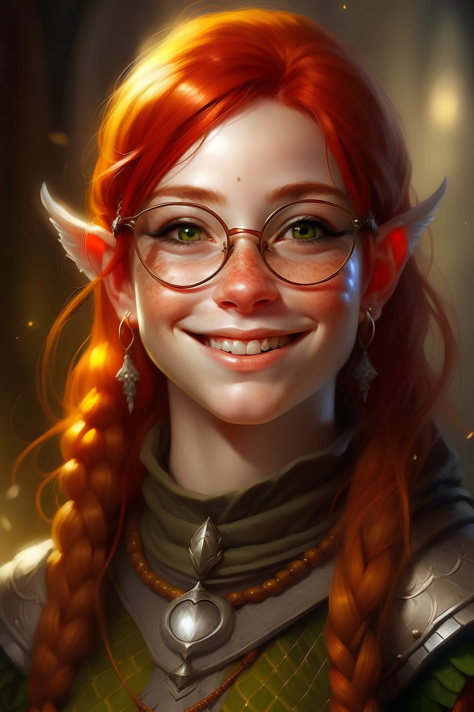 A smiling, young, elf, girl, with bright red hair, freckles, religious cleric, wearing chain mail armor and thick glasses that make her eyes big and pointed ears