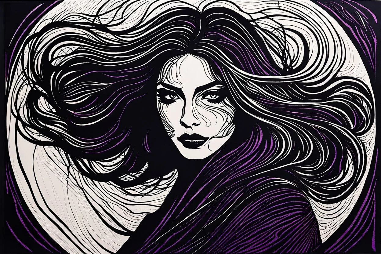 create an abstract woodcut of an ethereal, otherworldly seductive ancient female Lasombra vampire , in the style of Gabriela Jolowicz blurring the boundaries between imagination and reality