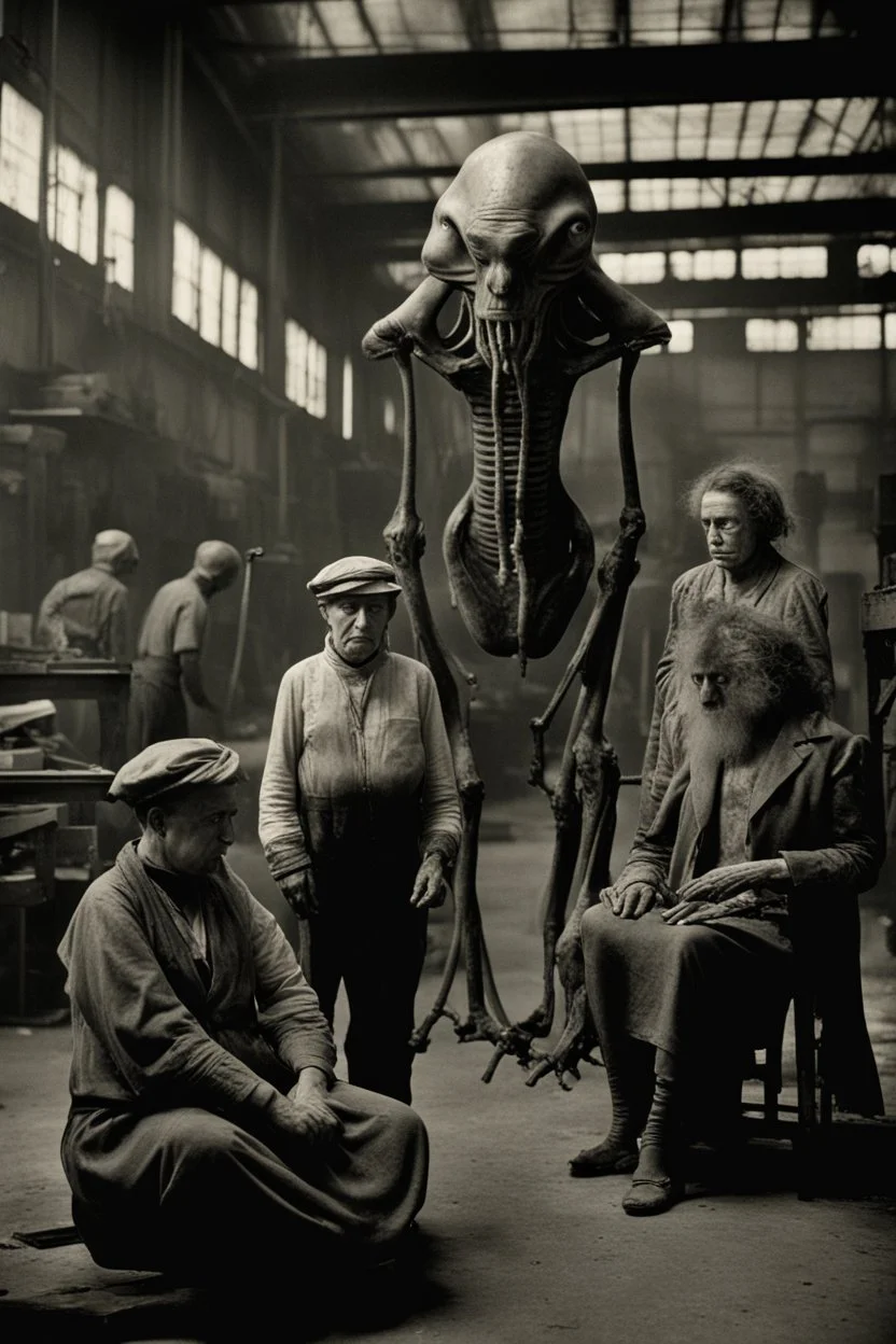 1900's black and white vintage photo, interior, working alien organ manufacturing factory warehouse, unhappy and angry,stange long grey alien human hybrid creature with a family that is sad, captured on square format film, grainy, aged