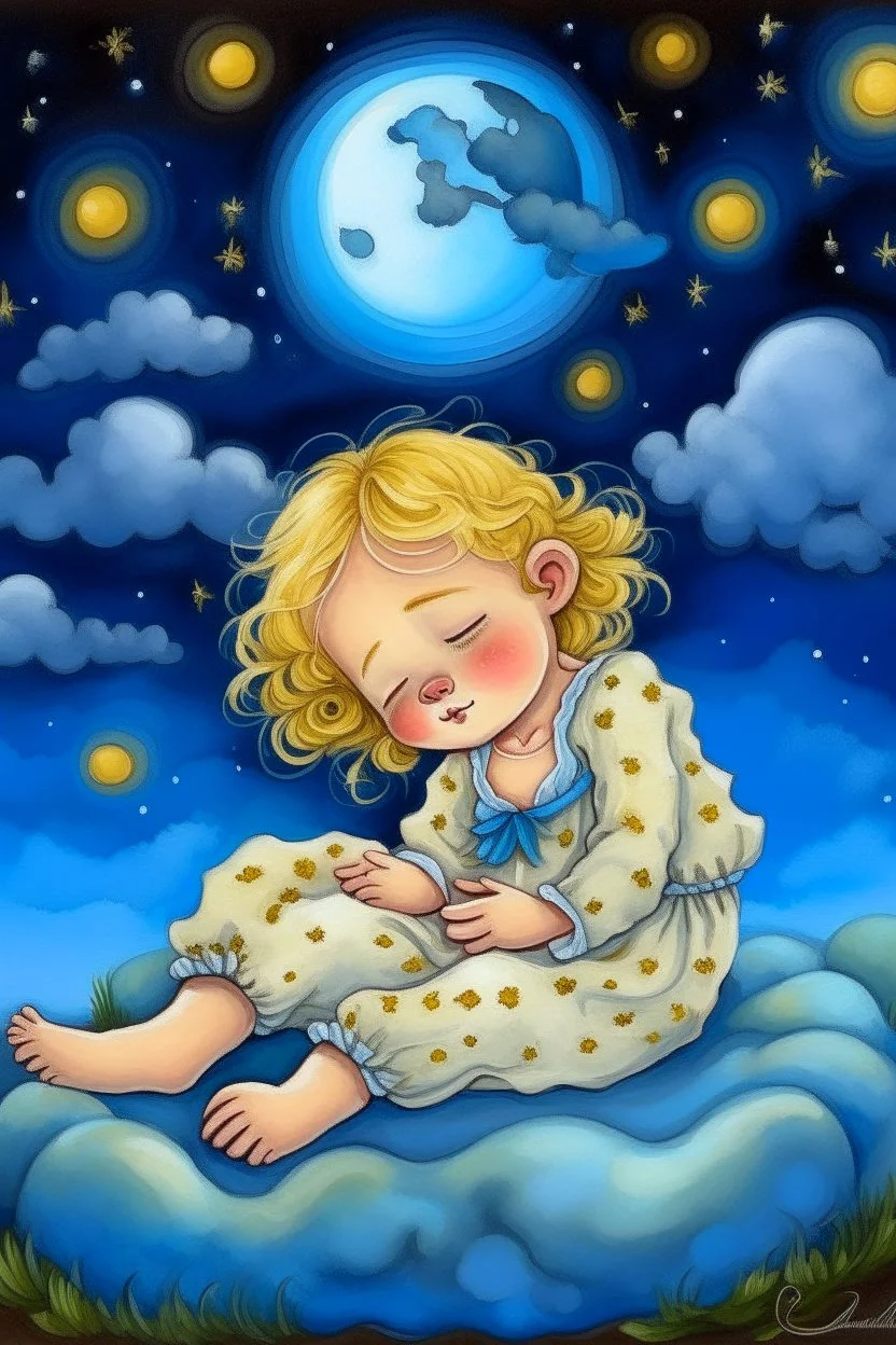 A sleepy adorable sweet blonde curly-haired baby in a beautiful soft pajamas, (sleeping on her stomach) sideways) comfortably perched on a plump cloud, surrounded by a halo of fireflies and a crescent moon in the distance, with a bear, is an unearthly work of art,acrylic painting,;1.5;32k. Removed from the image:photo,poorly designed face,extra fingers ugly, deformed, noisy, blurred, distorted, out of focus, out of frame,incorrect anatomy, extra limbs, poorly drawn face, poorly drawn hands, miss