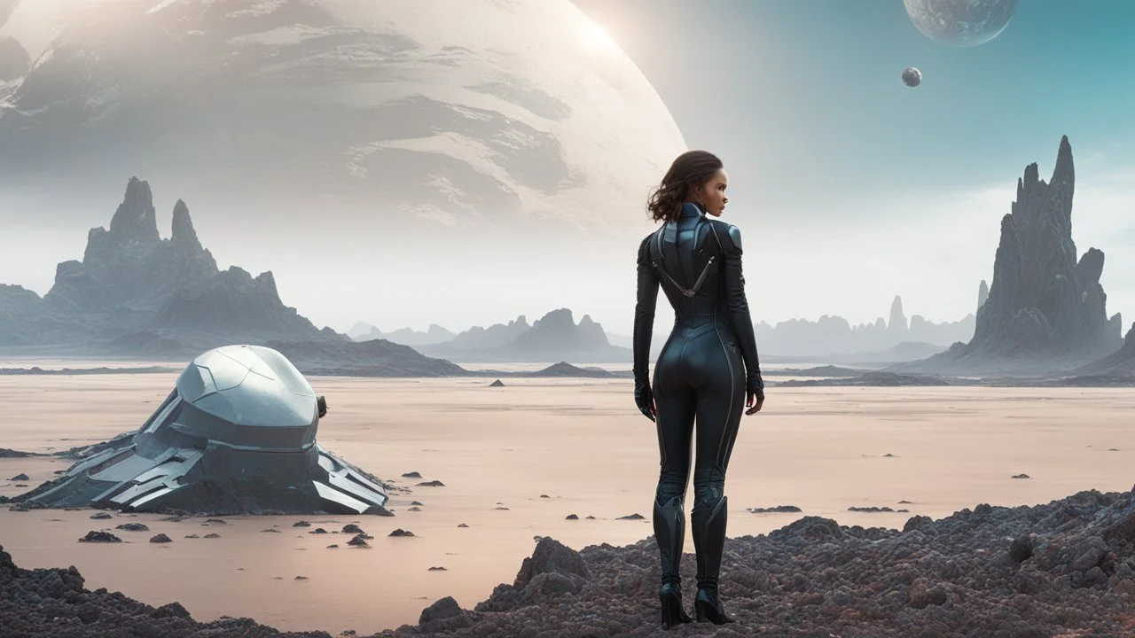 A woman in a catsuit standing on a beach of an alien world, in a rocky crystal-covered landscape with a crashed spaceship in the distance