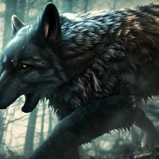 epic horrific wasted wolf like creature in night with black shade, 8k resolution, ultra hyperdetailed, Unreal Engine 5, ultra colourful, very small details, realistic