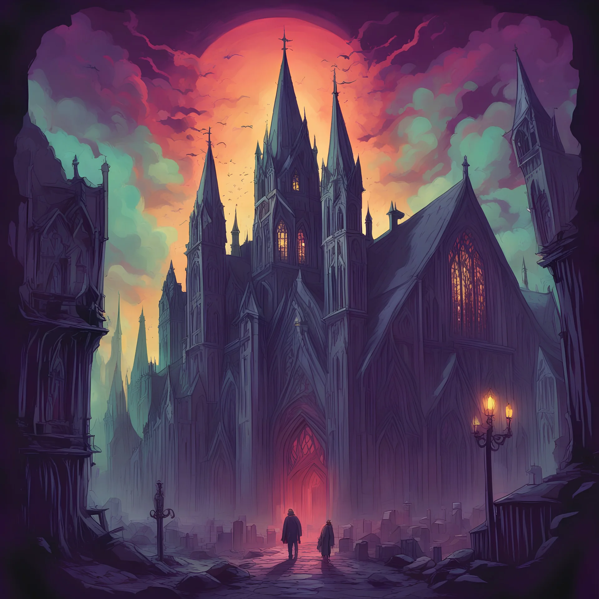 screams from the cathedral for the prince of madness has cursed this town, in gradient background art style