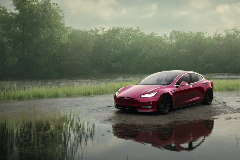 A Tesla 'Model S' is drifting at high speeds, at the Wetlands of Louisiana. (CINEMATIC, WIDE ANGLE LENS, PHOTO REAL)