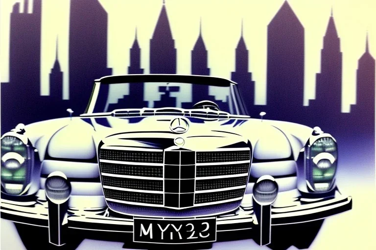 a true-to-life 1962 Mercedes Benz 300SE Convertible, centered, intricate, extreme detailed, photorealism, center view, city background, pivot on mercedes, pen and color marker, painting by cheryl kelley