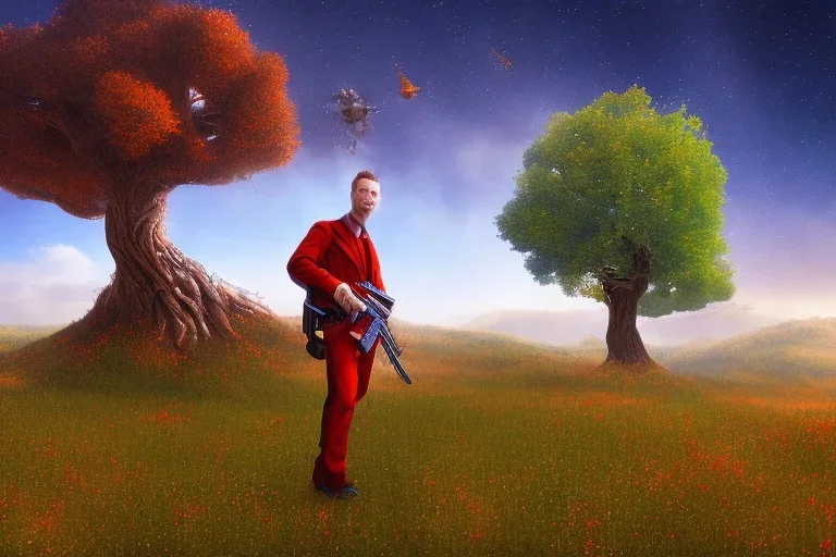 A tree,on a valley,blue deep sky, Colourful meadow,and a man in red with a gun like a heist,details,texture,8k quality, 89 meters snapshot, Expressionism