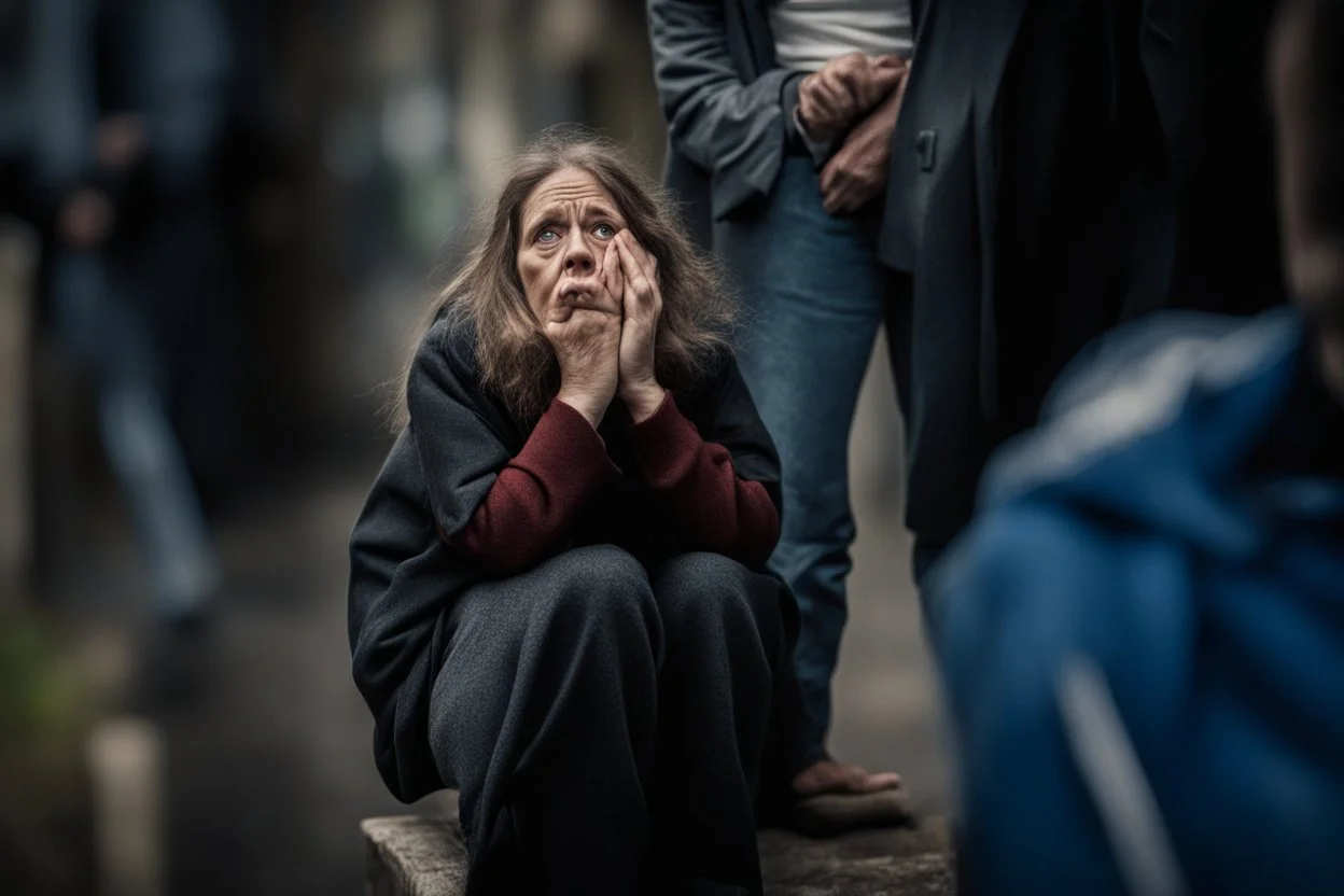 a distraught, sad woman, worried about the future, fearing for her family