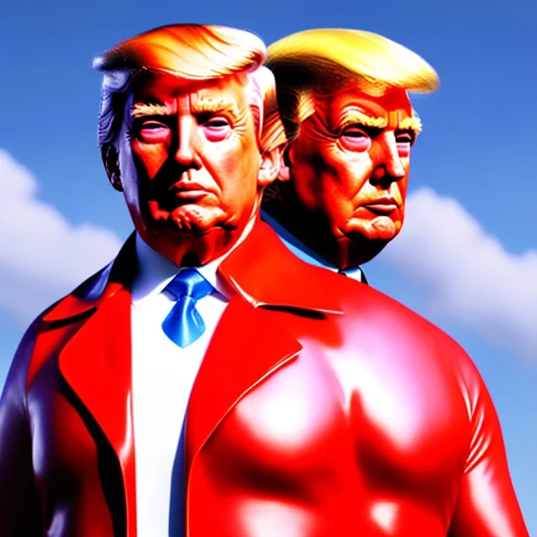 Realistic image of Donald trump super hero, retro style, watchmen style, red white blue colors, white stars, suspenders, latex material, 80s, vibrant color, highly detailed, sky background, concept art, unreal engine 5, god rays, ray tracing, RTX, lumen lighting, ultra detail, volumetric lighting, 3d, finely drawn, high definition, high resolution.